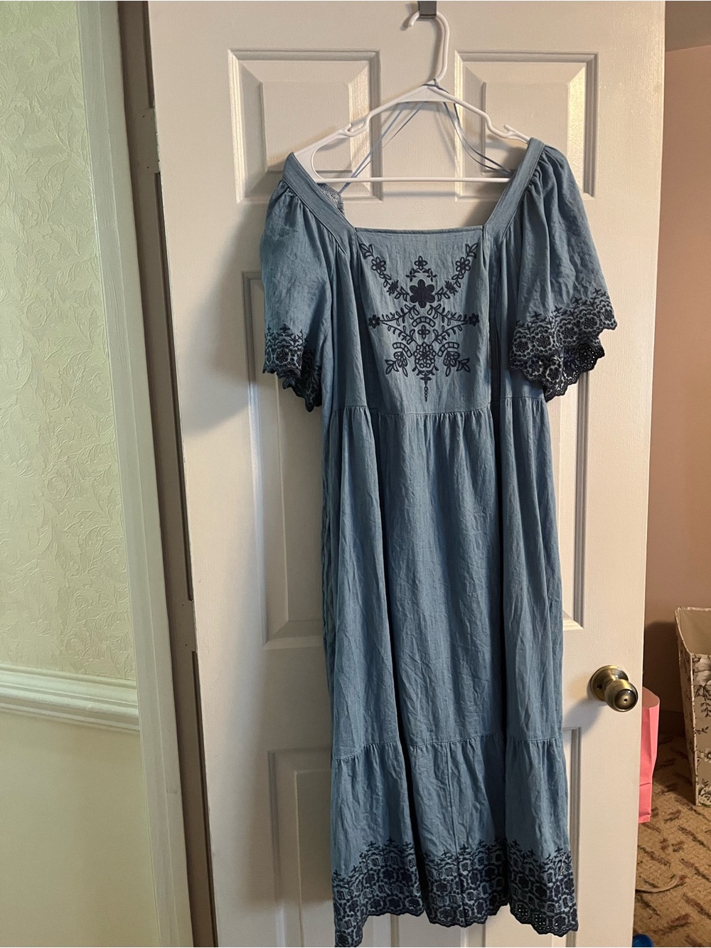 Old Navy Dusty Blue Embroidered Peasant Midi Dress size 3 XL
